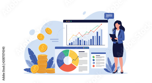 Businesswoman standing next to large data charts and a stack of gold coins while reviewing notes for financial growth and investment success.