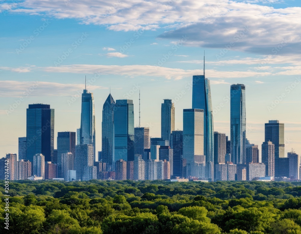 Fototapeta premium Skyline of Philadelphia, Pennsylvania featuring modern skyscrapers and lush green trees in the foreground under a clear blue sky with scattered clouds