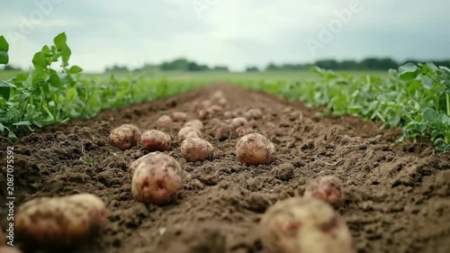 Freshly harvested potatoes in a lush agricultural field