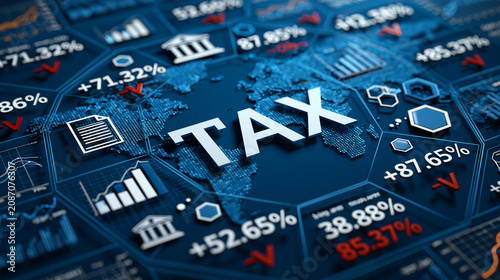Digital concept of global tax system with charts, data analytics, and financial documents overlaying a world map. Perfect for finance, accounting, or taxation themes. 3d Rendering