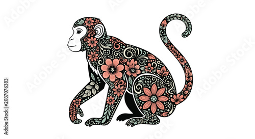 Canvas Print Artistic monkey illustration is decorated with intricate floral and paisley patterns in a traditional folk or ethnic art style