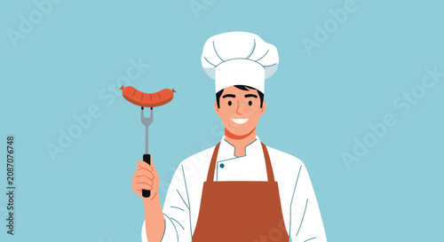Professional chef in a white uniform and tall hat proudly presenting a cooked sausage on a large metal fork for a meal.