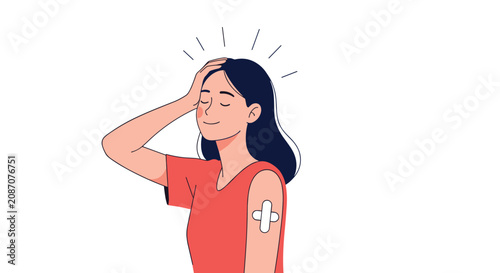 Smiling woman feeling relieved and happy after receiving her vaccination shot with a bandage visible on her arm.