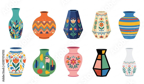 Bild auf Leinwand Decorative porcelain vase collection flat vector illustration with colorful pott