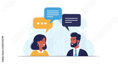 Man and woman in professional suits engaged in a conversation with colorful speech bubbles in a city setting.