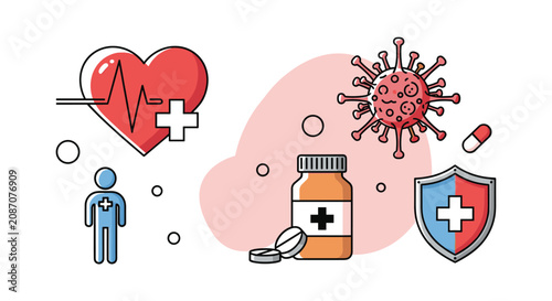 Assorted medical and healthcare icons including a heart pulse virus pill bottle shield and human figure icon for health apps.