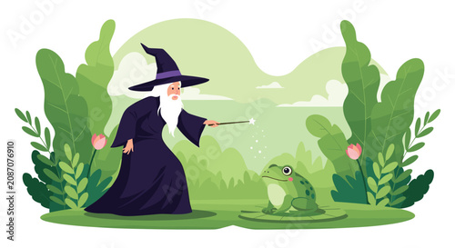 Magic wizard with a long white beard casting a spell on a green frog in a mystical forest with tall green leaves.