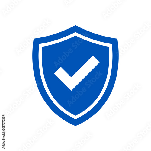 A blue shield icon featuring a white check mark symbol inside