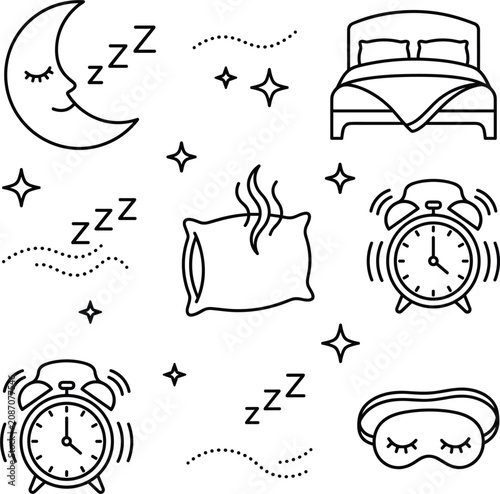 Good Night Sleep and Bedtime Comfort Vector Icon Set featuring Crescent Moon, Double Bed, Soft Pillow, Ringing Alarm Clock, and Sleeping Eye Mask Line Art Designs