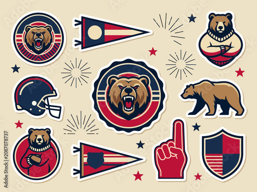 Photography Vintage Bear Mascot Sports Stickers and Collegiate Badges Set