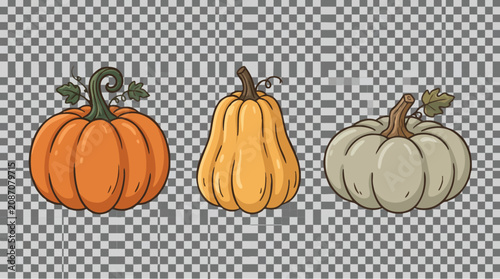 Colorful cartoon pumpkins on checkered background