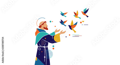 Saint Francis of Assisi releasing colorful birds in a stylized digital illustration.