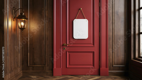 A red wooden door with a hanging blank sign in a classic vintage style hallway