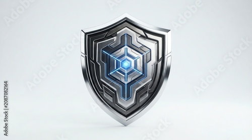 Futuristic Metallic Shield Icon With Glowing Cybernetic Core And Hexagonal Pattern Design On A Clean Minimalist Light Background Shield Protection