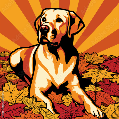 Golden Labrador Retriever dog lying in autumn maple leaves, retro pop art vector illustration with sunburst background for pet care or seasonal concept design