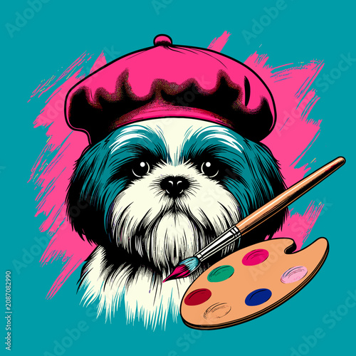 Shih Tzu dog artist character wearing pink beret with paint palette and brush, creative pop art vector illustration for art school, creativity or design concept