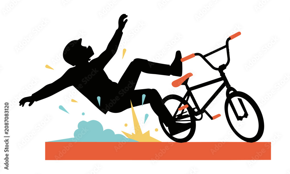 Obraz premium Silhouette of a fallen bmx rider on the ground next to a bicycle on a white background extreme sports accident concept