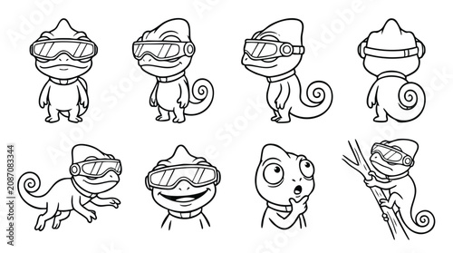Chameleon Character Set with Goggles Line Art Vector Illustrations