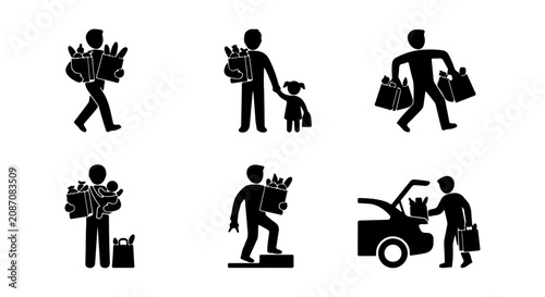 Canvas-taulu Grocery Shopping Icons, Stick Figure People Carrying Shopping Bags, Food Purchas
