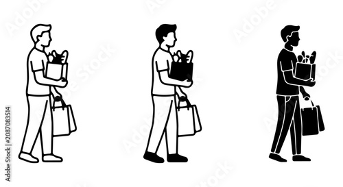 Valokuva Man with Shopping Bags, Grocery Icon Set, Silhouette and Outline Person Carrying