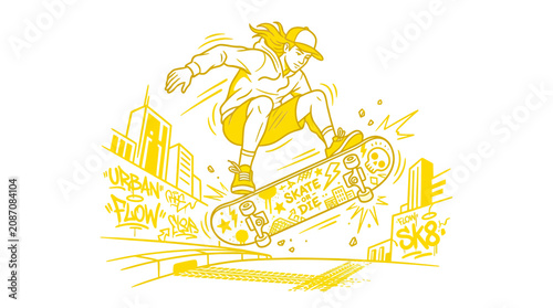 Tableau sur toile Skateboarder performing trick in urban environment, yellow line art illustration