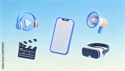 A collection of 3D cartoon media icons set phone speaker vr  player headphones and a clapperboard on a blue background.