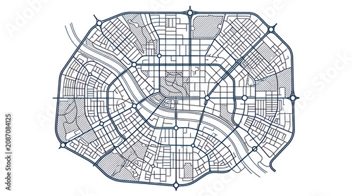 Fotografie Urban City Map Plan Blueprint - Aerial View of Streets and Buildings