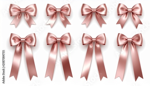 Long rose gold satin ribbon bows on white 白背景の長いローズゴールドリボン結び イラスト