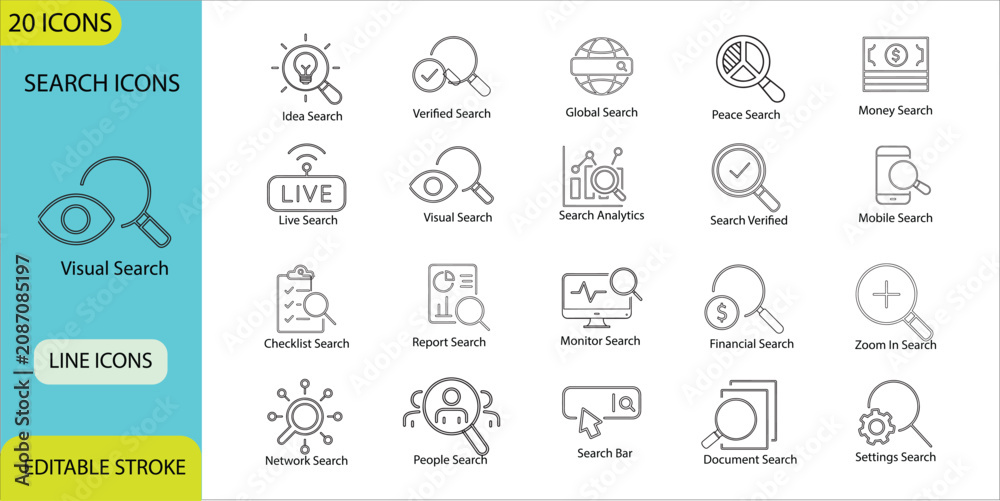 Naklejka premium Search Icons, Visual Search, Search Analytics, Global Search, Line Icon Set