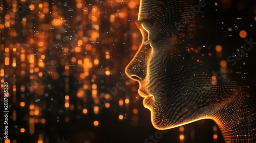 Virtual assistant generates voice as sound wave visualization. AI-based virtual assistant shows human face in wireframe style with glowing orange data points. Sound waves visible in background.