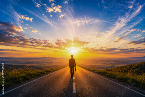 Person Walking Toward Sunset On Empty Road