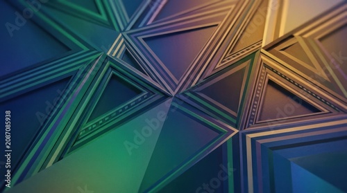 A dynamic, abstract image showcases a complex geometric pattern composed of overlapping triangles.