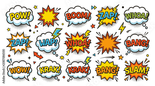 Foto Comic book explosion sound effects stickers.