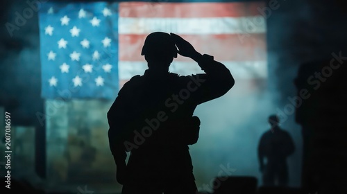 Silhouette of soldier saluting US flag. Military personnel show respect in front of national banner. Patriotic scene conveys honor, patriotism. National pride, tribute to military. Scene portrays