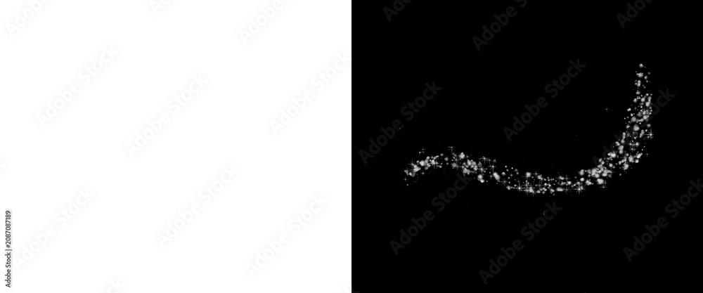 Obraz premium Sparkling silver glitter trail on black background, shimmering stardust wave, elegant glowing light particles for festive holiday design