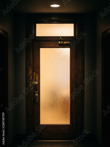 Obraz na płótnie Frosted glass detective office door glowing at night