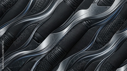 A close-up shot of a textured black glove. The glove features a complex, layered pattern of metallic gray and black, with a honeycomb-like structure visible in some areas.