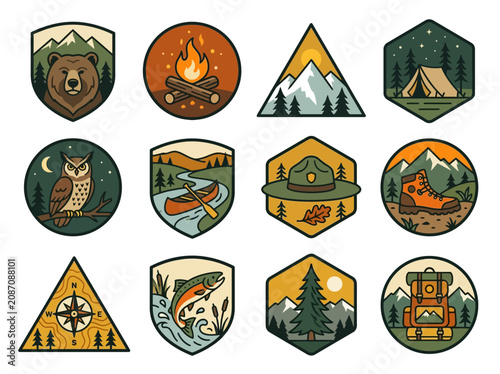 Vintage Outdoor Adventure Badges: Camping, Hiking, and Wilderness Vector Illustrations