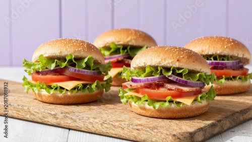 Four fresh hamburgers with lettuce, tomato, onion, and cheese on a rustic wooden cutting board against a purple background.
