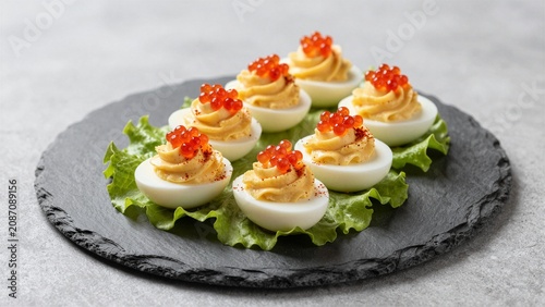 Elegant deviled eggs topped with red caviar and paprika, served on a green leaf atop a black slate plate.