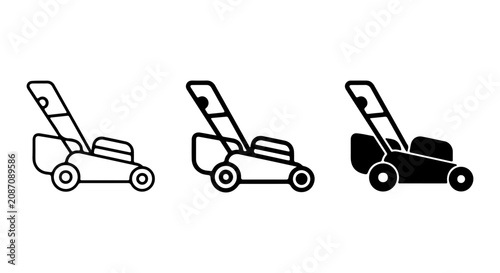 Lawn Mower Icons Set, Garden Equipment Vector Graphics, Outdoor Maintenance Tools, Simple Line Art
