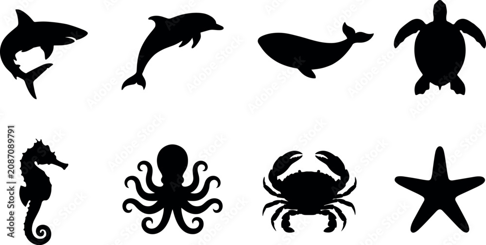 Fototapeta premium Silhouette Collection of Marine Animals Including Shark Dolphin Whale Turtle and More