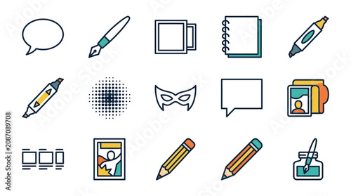 Industrial Style Line Icons Set Speech Bubble Pens Notebook Camera Pencils Mask Slideshow and More in Minimalist Design