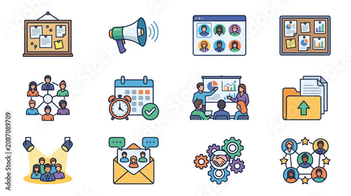 Creative Colorful Set of 12 Business Communication and Teamwork Concept Icons with high quality professional line art symbols for modern creative design and digital branding projects