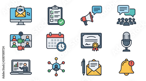 Creative Flat Icons Set Featuring Communication Scheduling and Achievement Elements in Minimalist Design