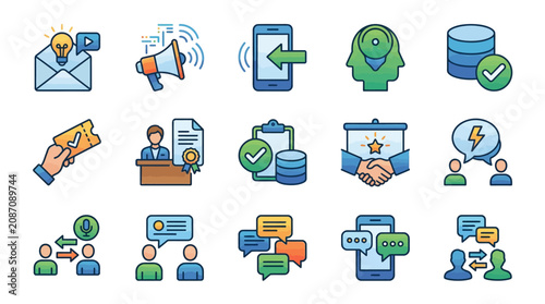 Clean Flat Set of 18 Colorful Icons Representing Digital Marketing Communication and Business Concepts