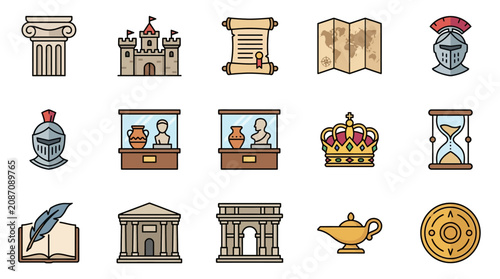 Elegant Collection of Historical and Medieval Icons in Minimalist Line Art with Neutral and Earthy Tones