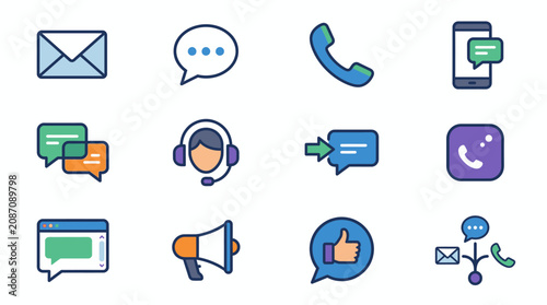 Modern Colorful Icons Set Featuring Communication and Customer Support Tools with Flat Design Style