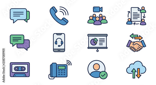 Creative Set of Colorful Flat Icons Representing Modern Communication and Collaboration Methods