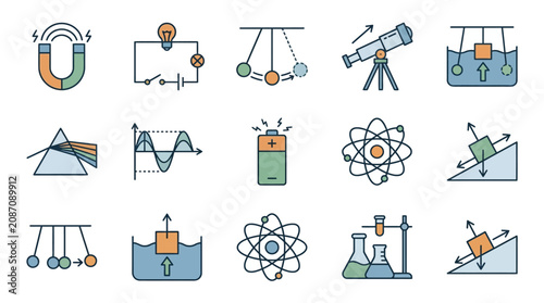 Modern Illustrated Icons of Physics and Science Concepts with Colorful Diagrams and Equipment with high quality professional line art symbols for modern creative design and digital branding projects